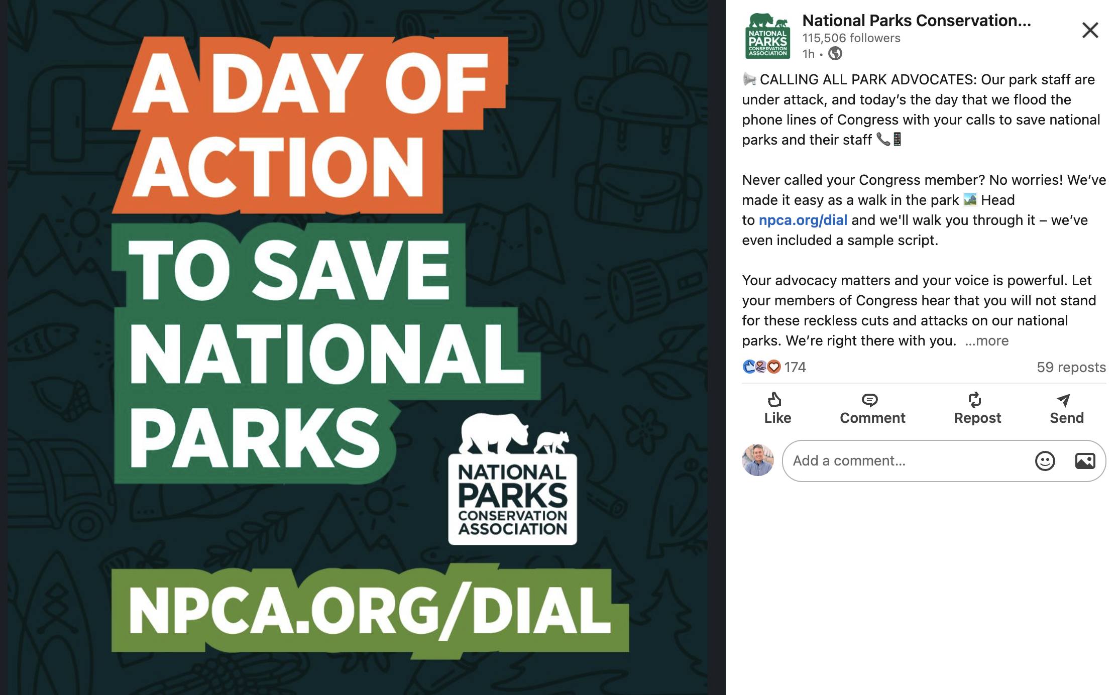 LinkedIn post from NPCA: A Day of Action To Save National Parks. Includes the url NPCA.ORG/DIAL