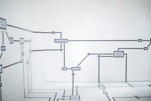 A workflow chart painted onto walls and a floor. 