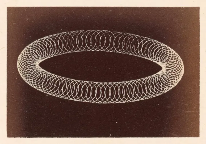 An image from the book Specimens of Fancy Turning by Edward J. Woolsey, 1869. The image resembles something between spirograph drawings and textbook diagrams of orbiting electrons.
